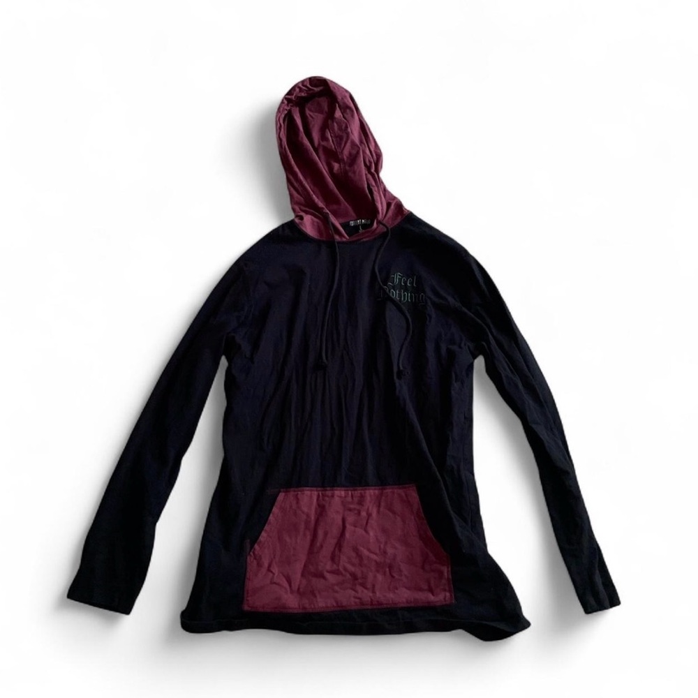 Dolls Kill Current Mood black and red hoodie with “feel nothing” print